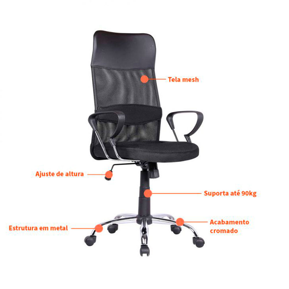 Conjunto de Mesa New com Cadeira de Escritório Diretor Giratória Vancouver II com Braços Preta