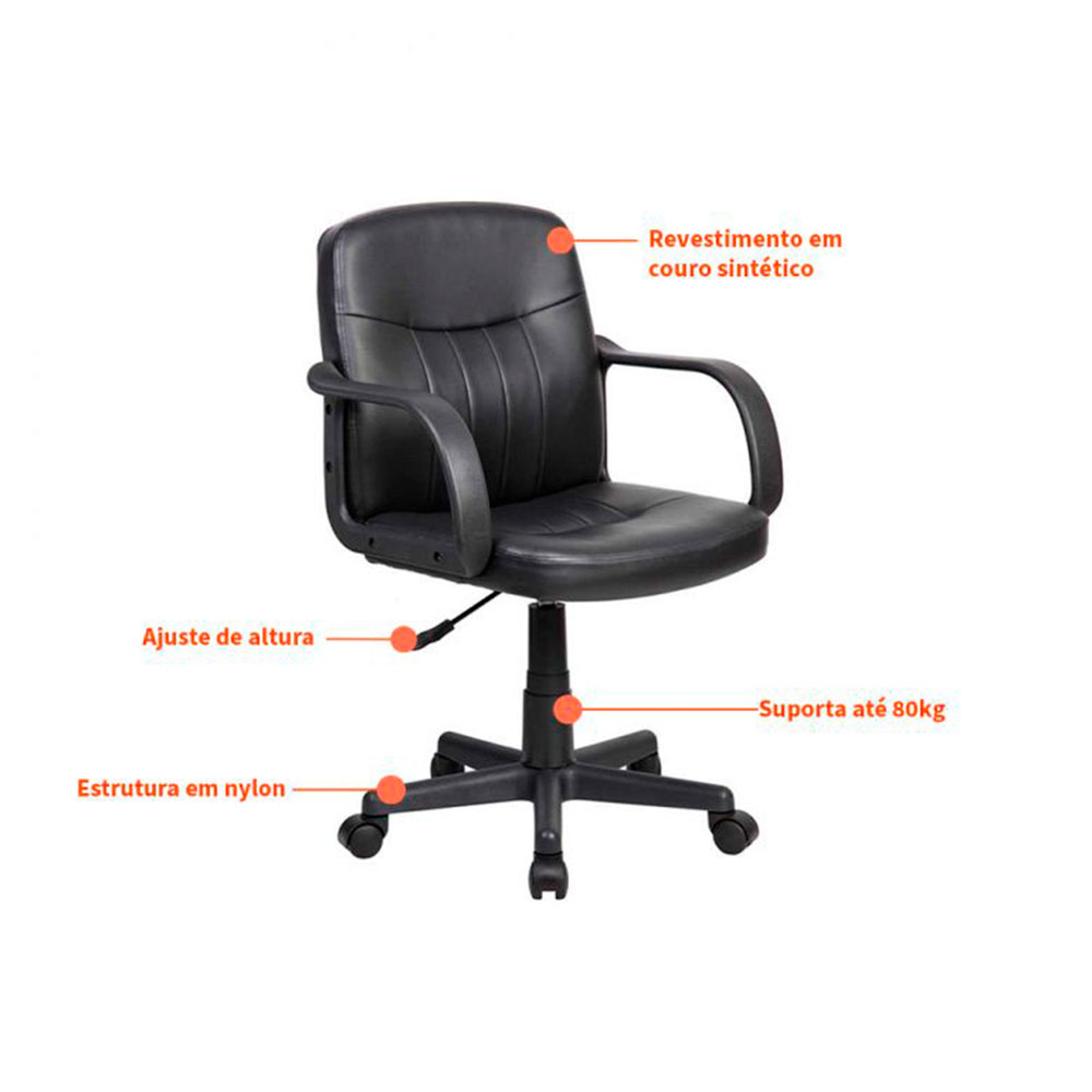 Conjunto de Mesa New com Cadeira de Escritório Secretária Giratória Clean Preta