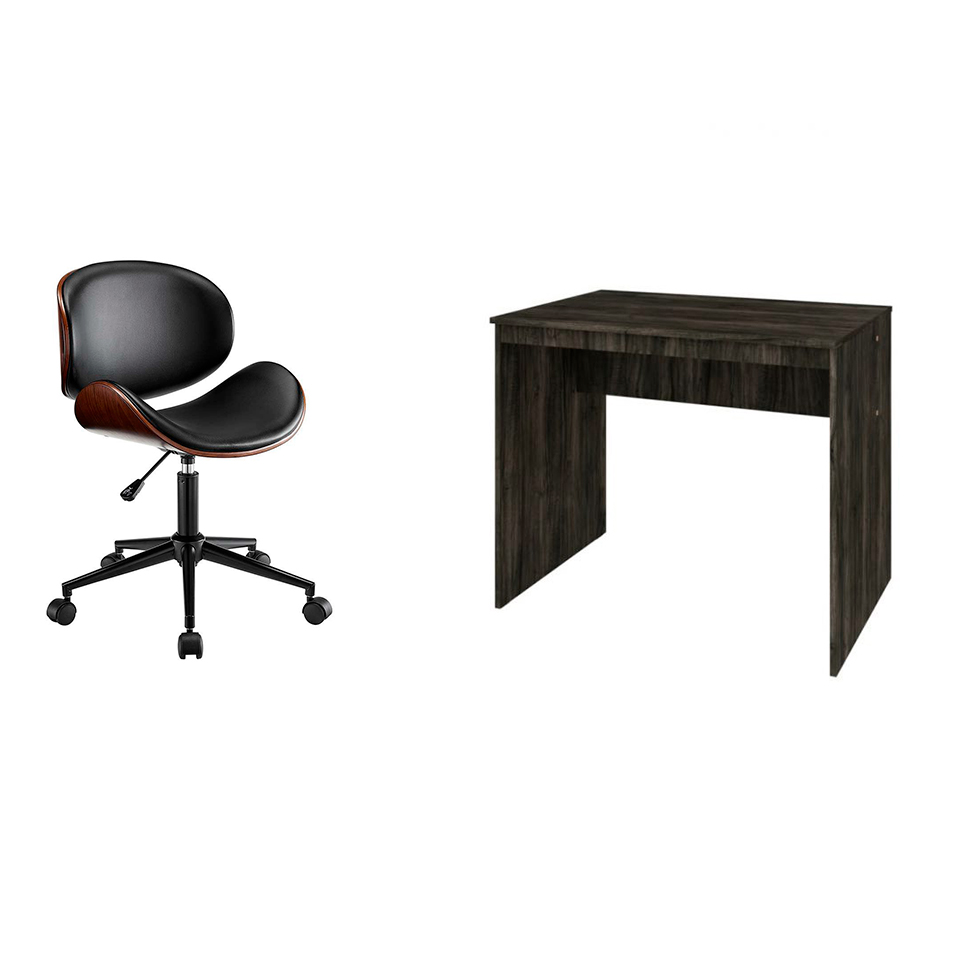 Conjunto de Mesa Office Carvalho Dark com Cadeira de Escritório Diretor Giratória Bergen Preta