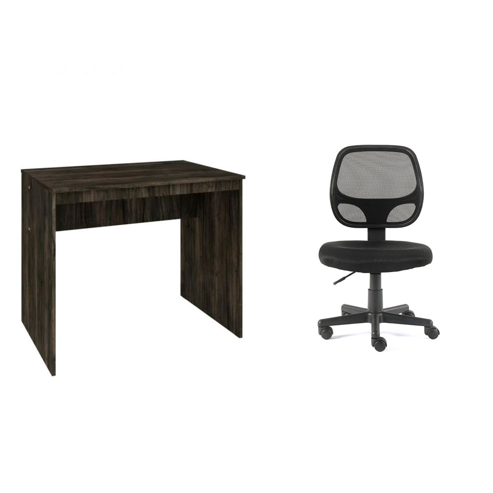 Conjunto de Mesa Office Carvalho Dark com Cadeira de Escritório Secretária Giratória Oxford Preta