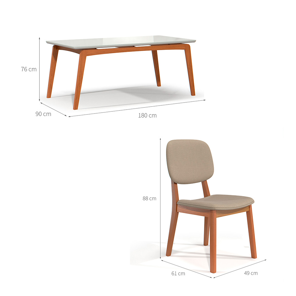 Conjunto de Mesa Retangular com Tampo de Vidro Off White e 6 Cadeiras Detroit Linho Areia e Nature