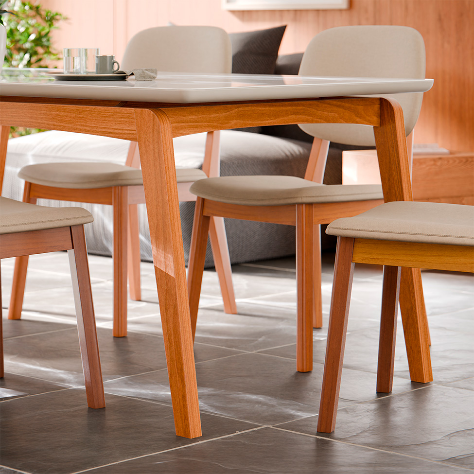 Conjunto de Mesa Retangular com Tampo de Vidro Off White e 6 Cadeiras Detroit Linho Areia e Nature