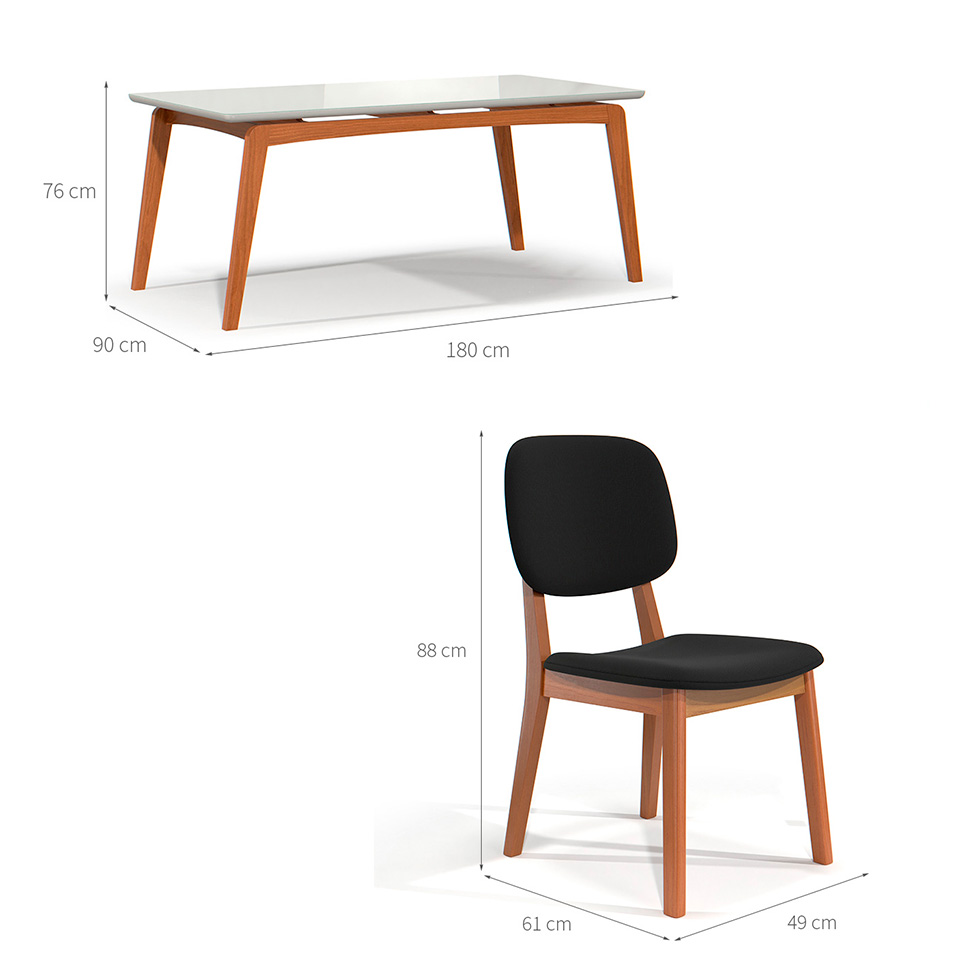 Conjunto de Mesa Retangular com Tampo de Vidro Off White e 6 Cadeiras Detroit Linho Preto e Nature