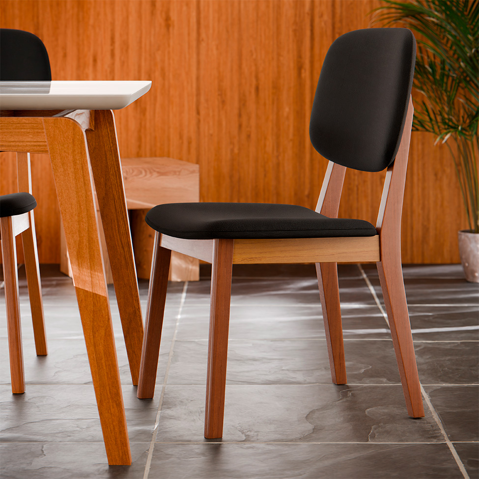 Conjunto de Mesa Retangular com Tampo de Vidro Off White e 6 Cadeiras Detroit Linho Preto e Nature