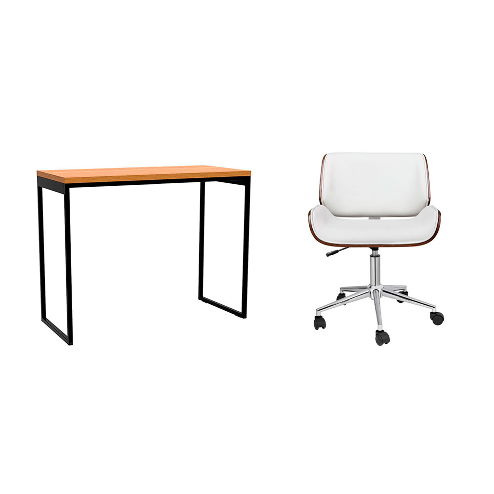 Conjunto de Mesa Stanford Carvalho e Preta com Cadeira de Escritório Diretor Giratória Lauren Branca
