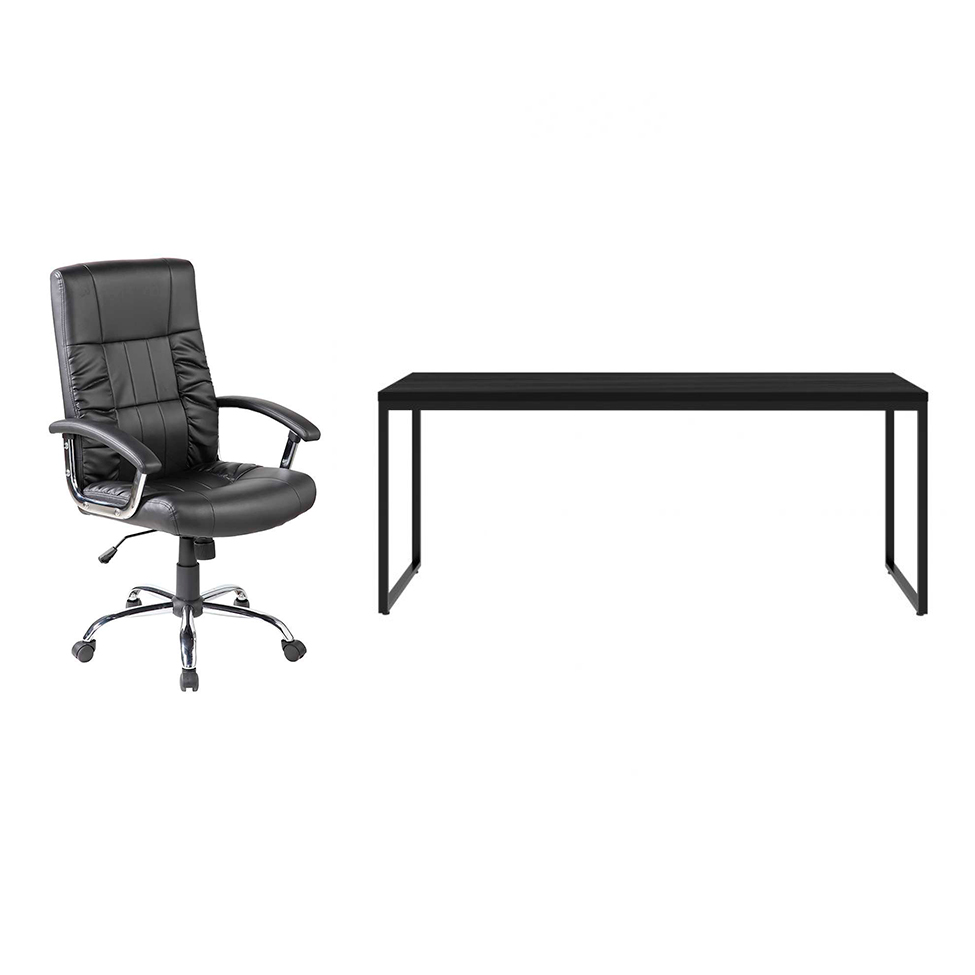Conjunto de Mesa Studio 180 cm com Cadeira de Escritório Presidente Giratória com Relax Office Plus Preta