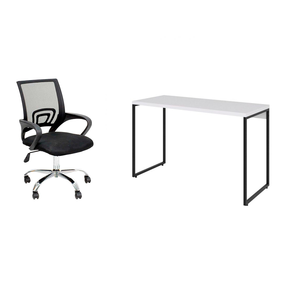 Conjunto de Mesa Studio Branca 120 cm com Cadeira de Escritório Secretária Giratória Javix Preta
