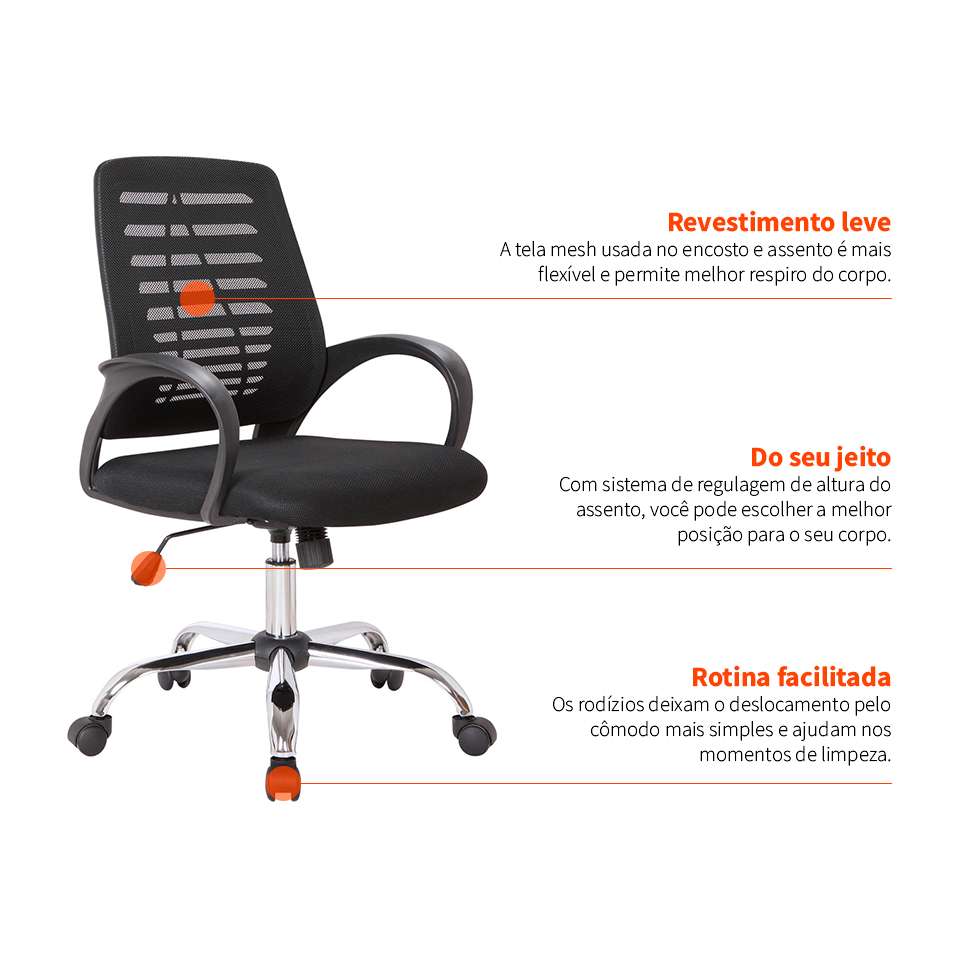 Conjunto de Mesa Studio Branca 180 cm com Cadeira de Escritório Secretária Giratória Light Preta