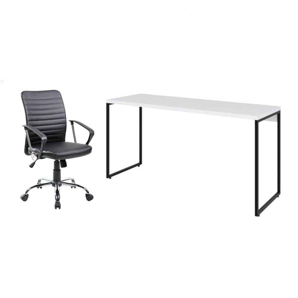 Conjunto de Mesa Studio Branca com Cadeira de Escritório Diretor Giratória Oslo Preta