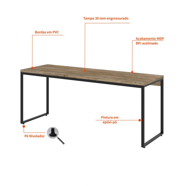 Conjunto de Mesa Studio Carvalho 180 cm com Cadeira de Escritório Presidente Giratória com Relax Clark Preta e Dourada
