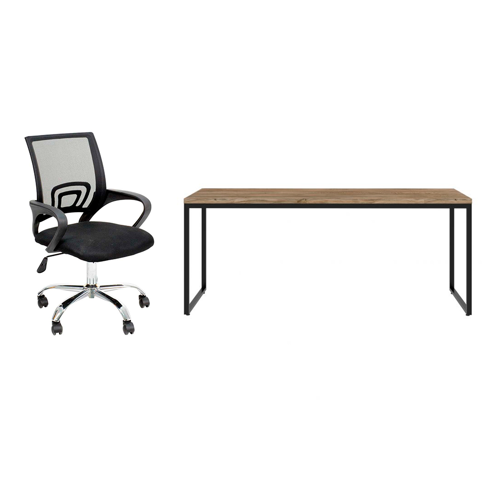 Conjunto de Mesa Studio Carvalho 180 cm com Cadeira de Escritório Secretária Giratória Javix Preta