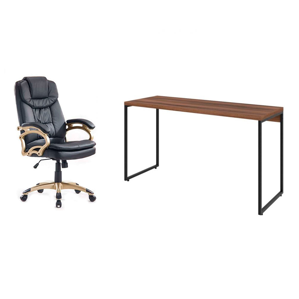 Conjunto de Mesa Studio Nogal 135 cm com Cadeira de Escritório Presidente Giratória com Relax Clark Preta e Dourada