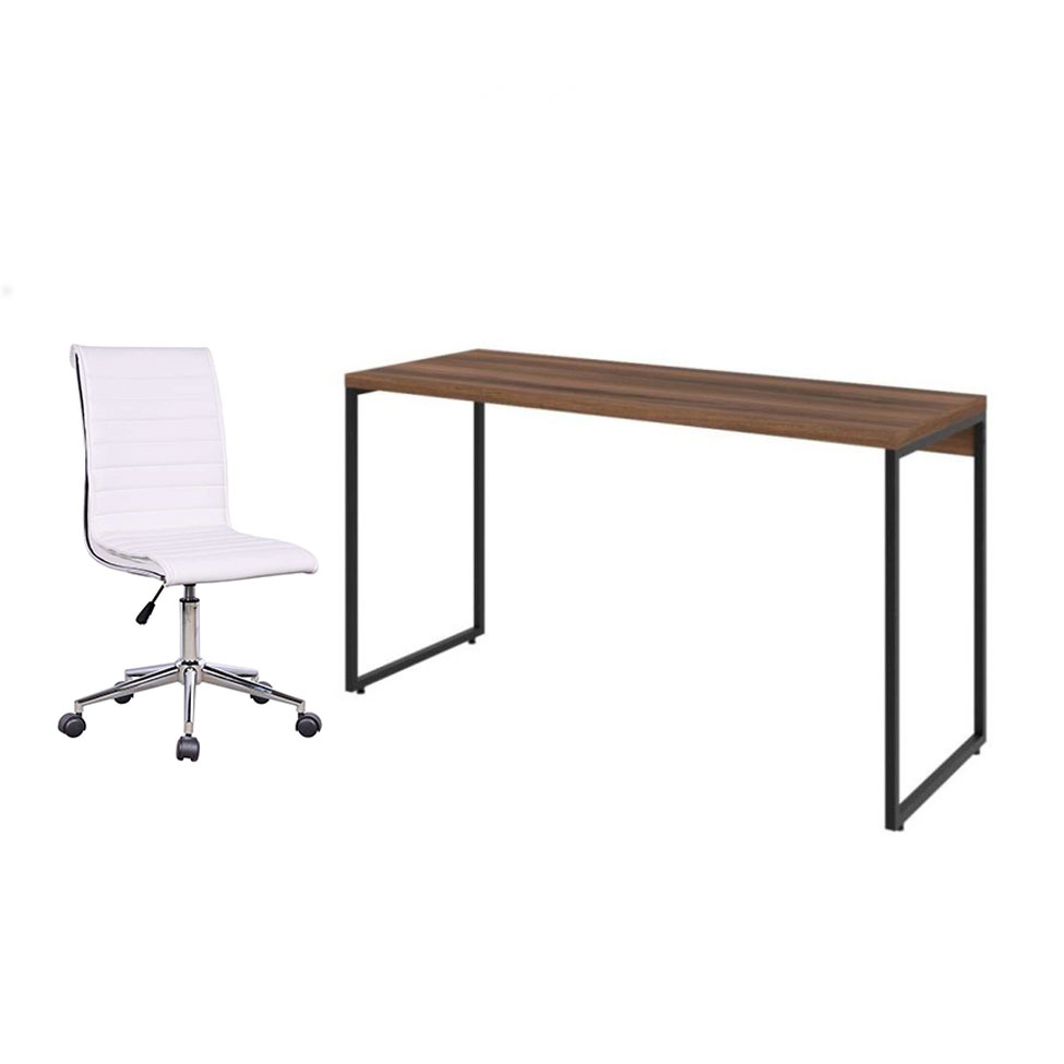 Conjunto de Mesa Studio Nogal 135 cm com Cadeira de Escritório Secretária Giratória Marilyn Branca