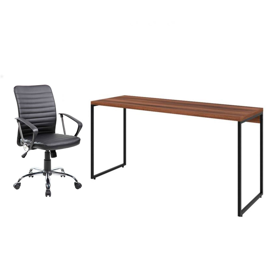 Conjunto de Mesa Studio Nogal 150 cm com Cadeira de Escritório Diretor Giratória Oslo Preta