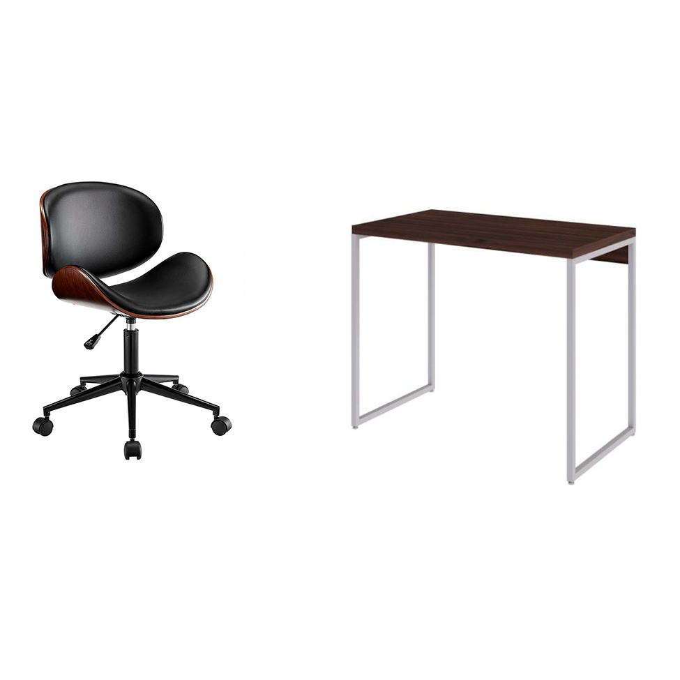 Conjunto de Mesa Studio Nogal e Branca com Cadeira de Escritório Diretor Giratória Bergen Preta
