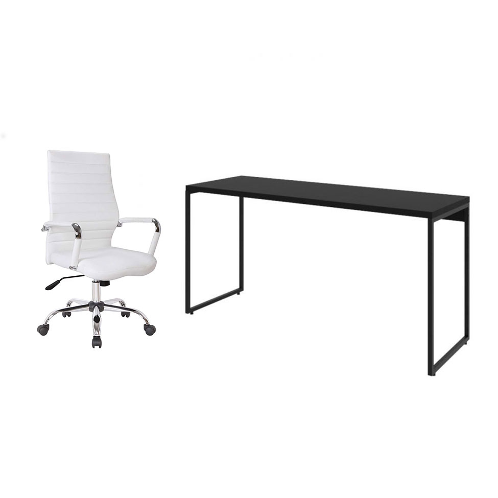 Conjunto de Mesa Studio Preta 150 cm com Cadeira de Escritório Diretor Giratória Cleaner Branca