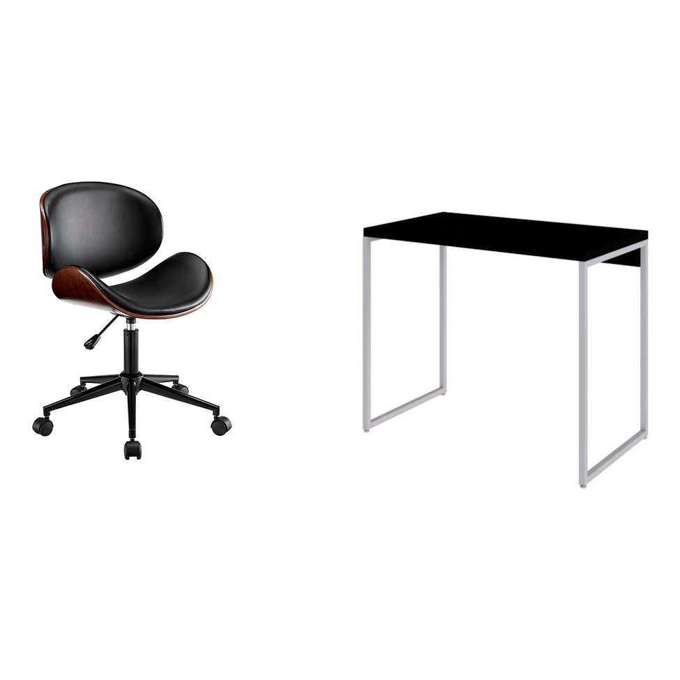 Conjunto de Mesa Studio Preta e Branca com Cadeira de Escritório Diretor Giratória Bergen Preta