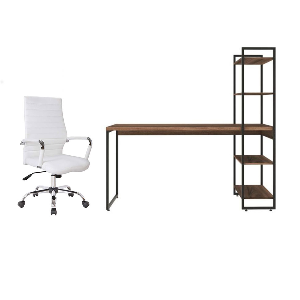 Conjunto de Mesa Studio com Estante Nogal e Preta 146 cm com Cadeira de Escritório Diretor Giratória Cleaner Branca