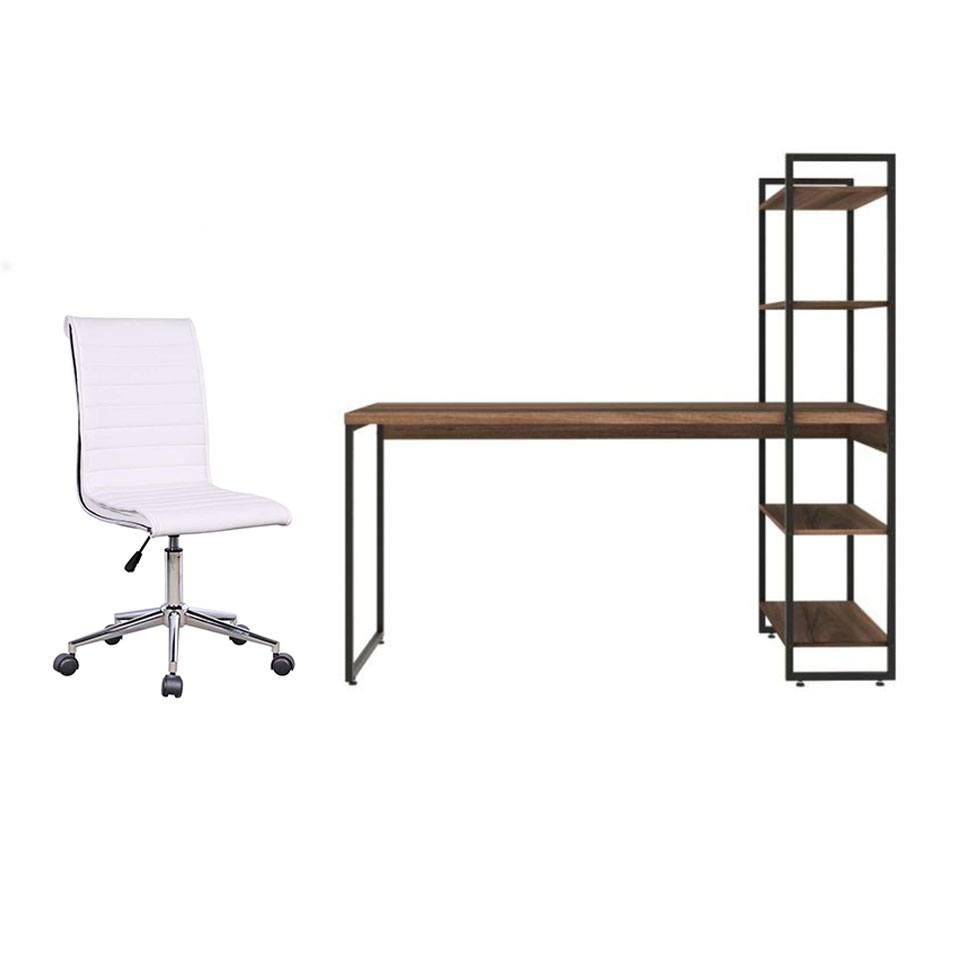 Conjunto de Mesa Studio com Estante Nogal e Preta 146 cm com Cadeira de Escritório Secretária Giratória Marilyn Branca
