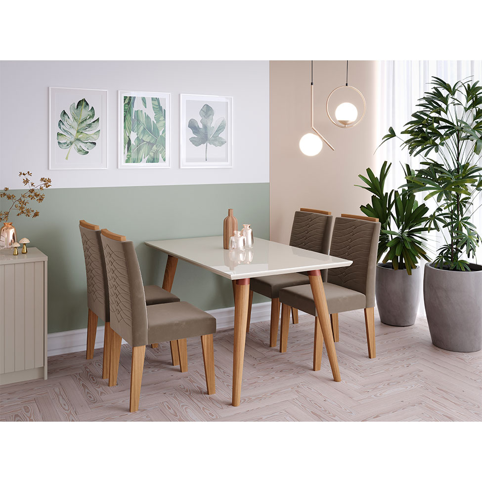 Conjunto de Mesa de Jantar Adele com Tampo de Vidro Off White e 4 Cadeiras Estofadas Clarice Suede Joli e Madeira