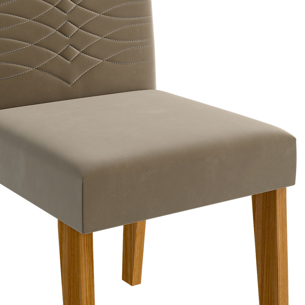 Conjunto de Mesa de Jantar Adele com Tampo de Vidro Off White e 4 Cadeiras Estofadas Clarice Suede Joli e Madeira