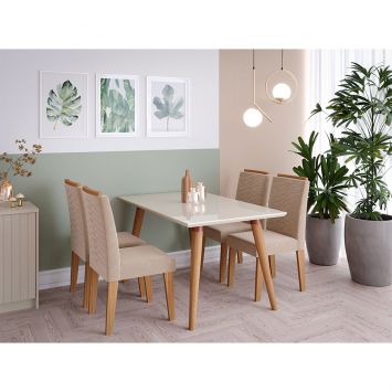 Conjunto de Mesa de Jantar com Tampo de Vidro Arredondado e 4 Cadeiras  Estofadas Studio Linho Off White e Bege Claro 160 cm