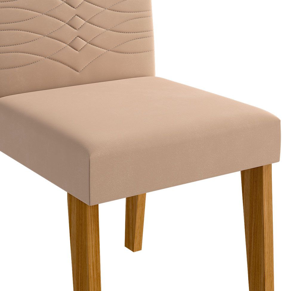 Conjunto de Mesa de Jantar Adele com Tampo de Vidro Off White e 4 Cadeiras Estofadas Clarice Suede Nude e Madeira