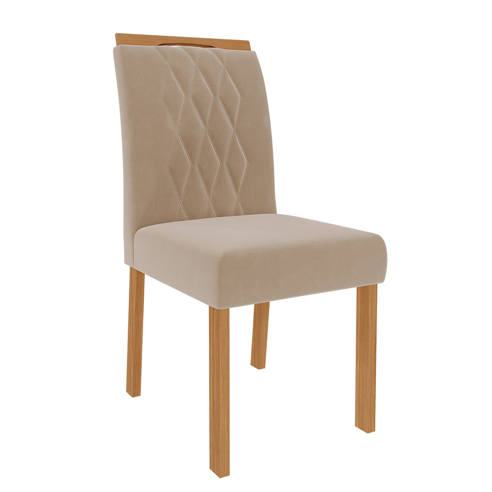 Conjunto de Mesa de Jantar Adele com Tampo de Vidro Off White e 4 Cadeiras Estofadas Juliana Suede Nude e Madeira