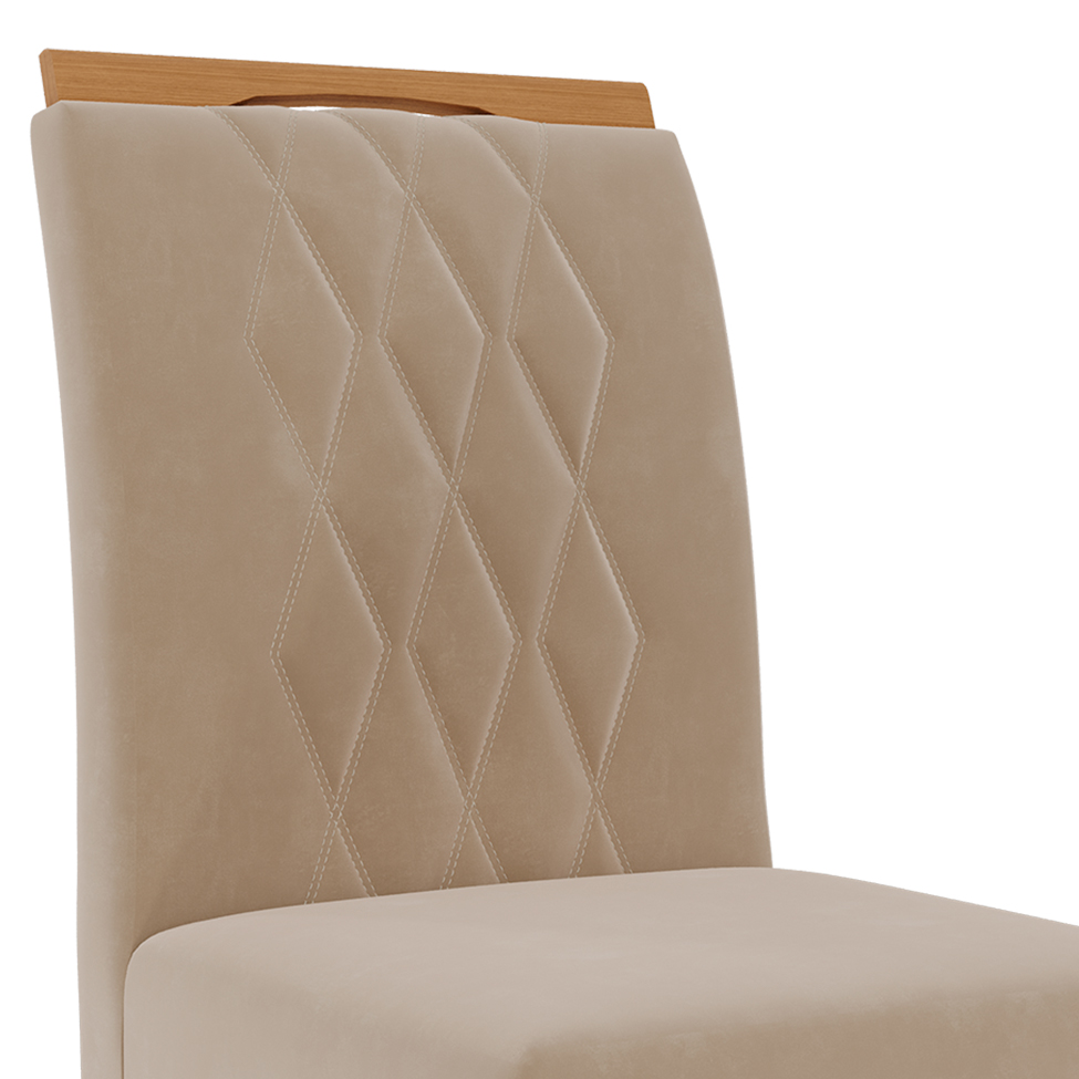 Conjunto de Mesa de Jantar Adele com Tampo de Vidro Off White e 4 Cadeiras Estofadas Juliana Suede Nude e Madeira