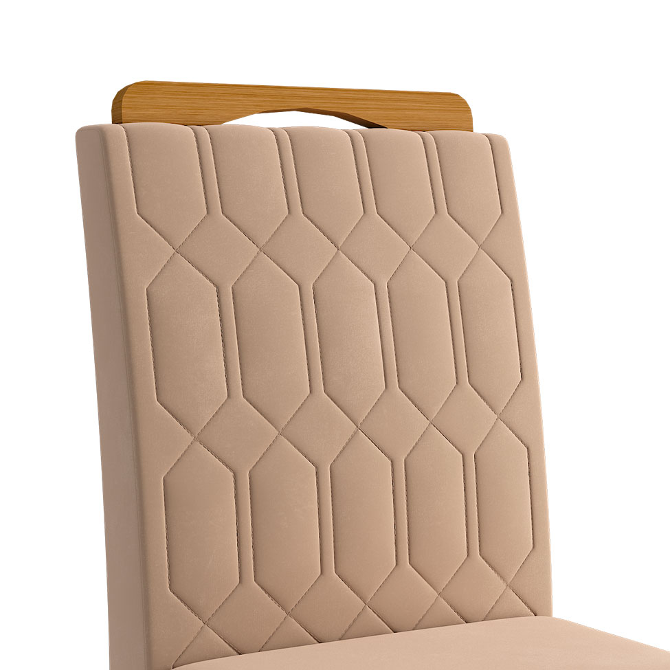Conjunto de Mesa de Jantar Adele com Tampo de Vidro Off White e 4 Cadeiras Estofadas Paola Suede Nude e Madeira