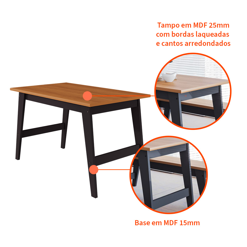 Conjunto de Mesa de Jantar Retangular com 2 Bancos Aurora Nature e Chumbo