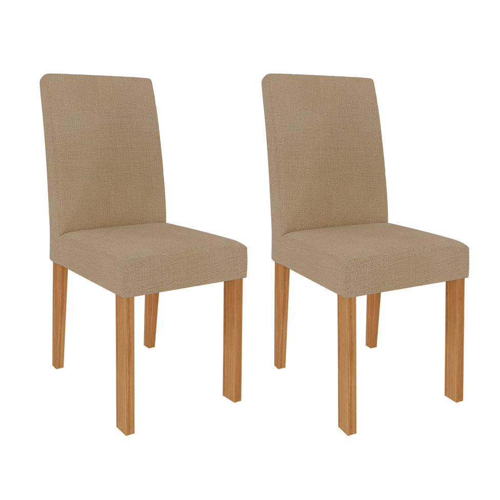 Conjunto de Mesa de Jantar Retangular com Tampo de Vidro Off White Agata e 4 Cadeiras Maia Linho Gengibre e Nature