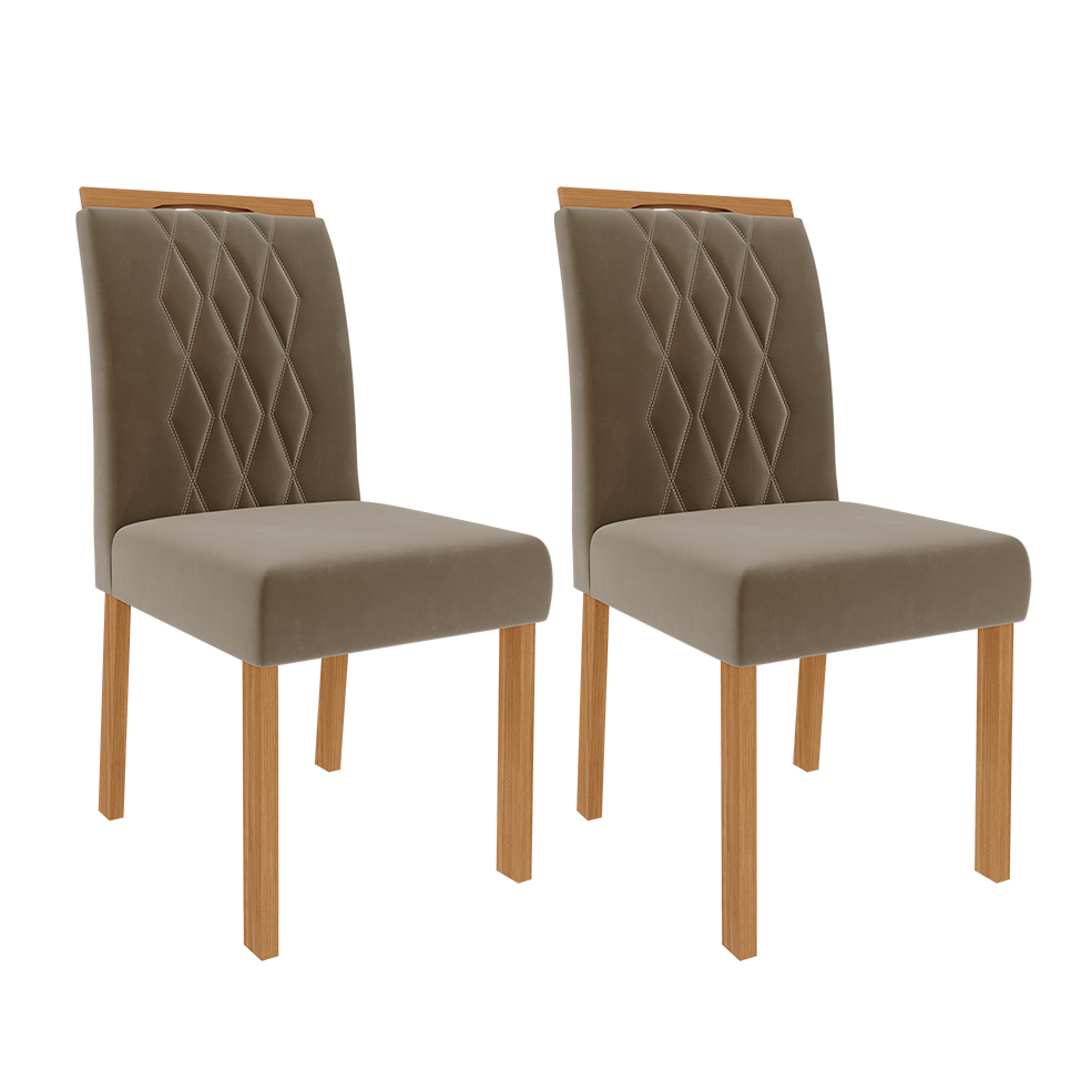 Conjunto de Mesa de Jantar Retangular com Tampo de Vidro Off White Maite e 4 Cadeiras Juliana Suede Joli e Nature