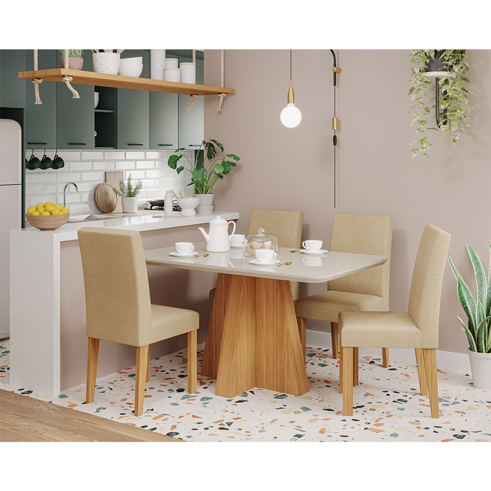 Conjunto de Mesa de Jantar Retangular com Tampo de Vidro Off White Maite e 4 Cadeiras Maia Linho Gengibre e Nature