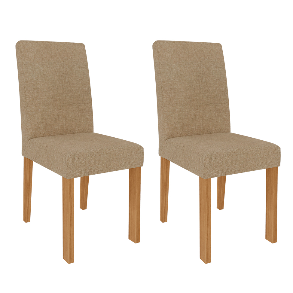 Conjunto de Mesa de Jantar Retangular com Tampo de Vidro Off White Maite e 4 Cadeiras Maia Linho Gengibre e Nature