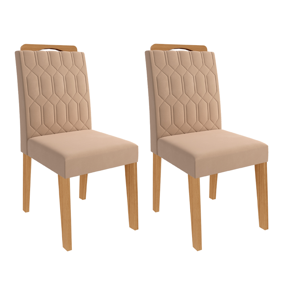 Conjunto de Mesa de Jantar Retangular com Tampo de Vidro Off White Maite e 4 Cadeiras Paola Suede Nude e Nature