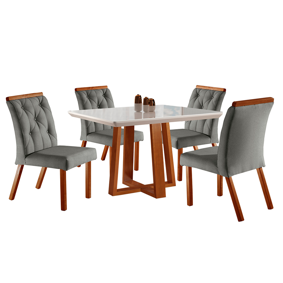Conjunto de Mesa de Jantar Retangular com Tampo de Vidro e 4 Cadeiras Jasmin Linho Cinza
