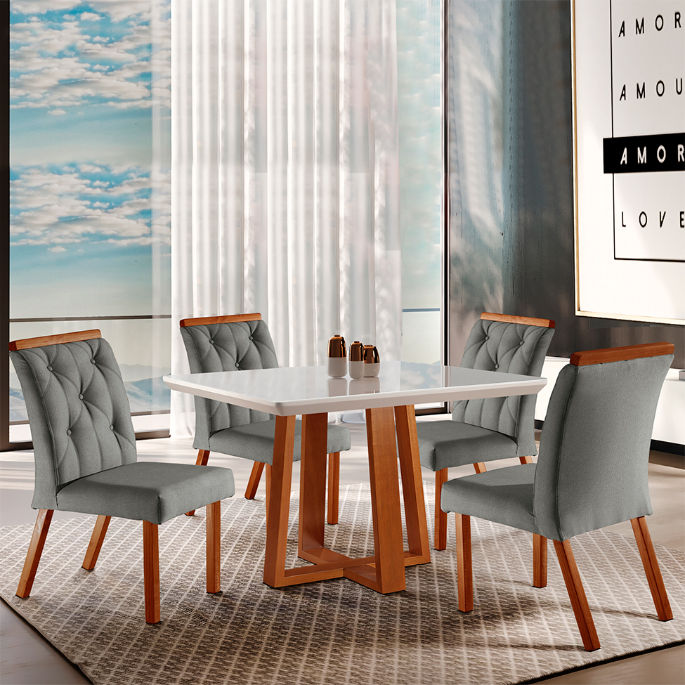 Conjunto de Mesa de Jantar Retangular com Tampo de Vidro e 4 Cadeiras Jasmin Linho Cinza