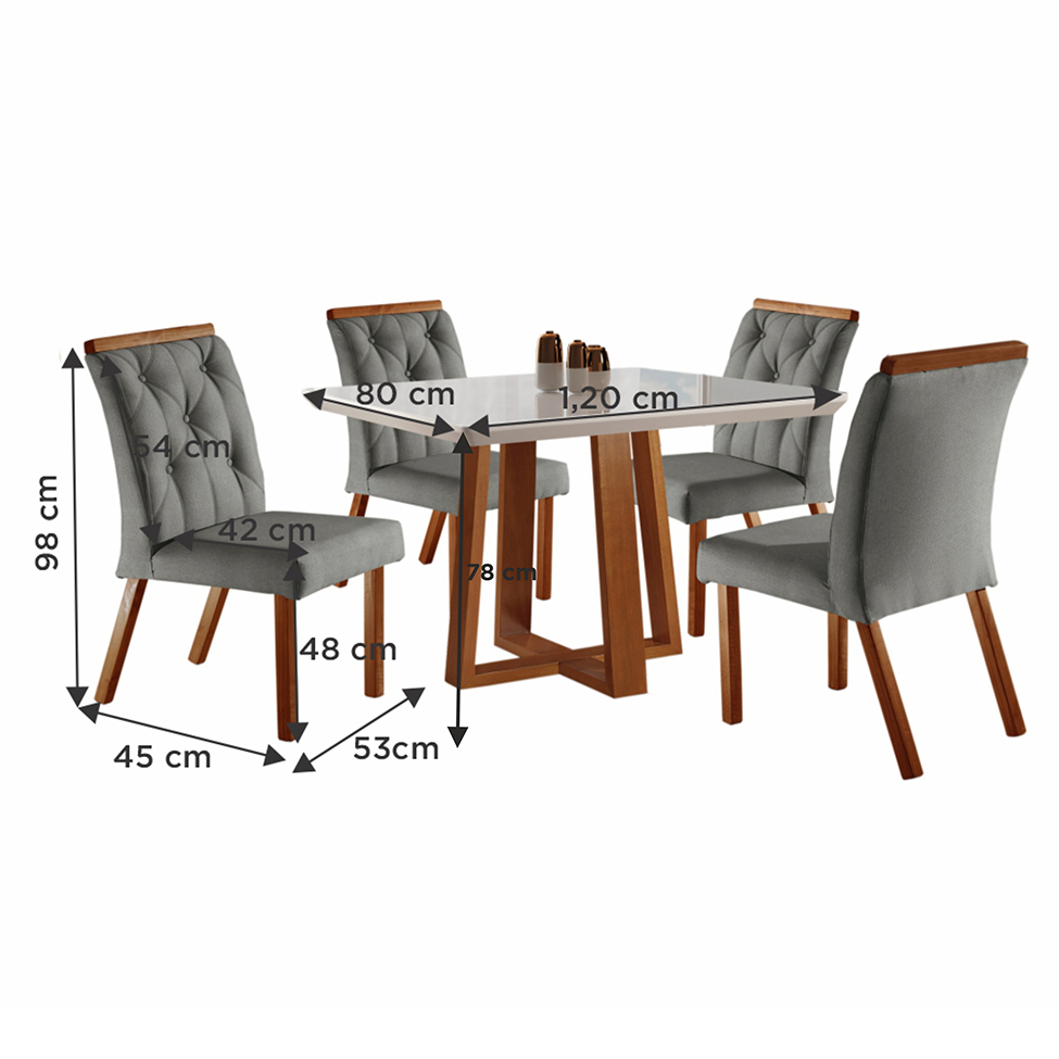 Conjunto de Mesa de Jantar Retangular com Tampo de Vidro e 4 Cadeiras Jasmin Linho Cinza