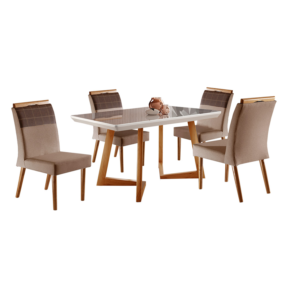 Conjunto de Mesa de Jantar Retangular com Tampo de Vidro e 4 Cadeiras Maya Linho Marrom