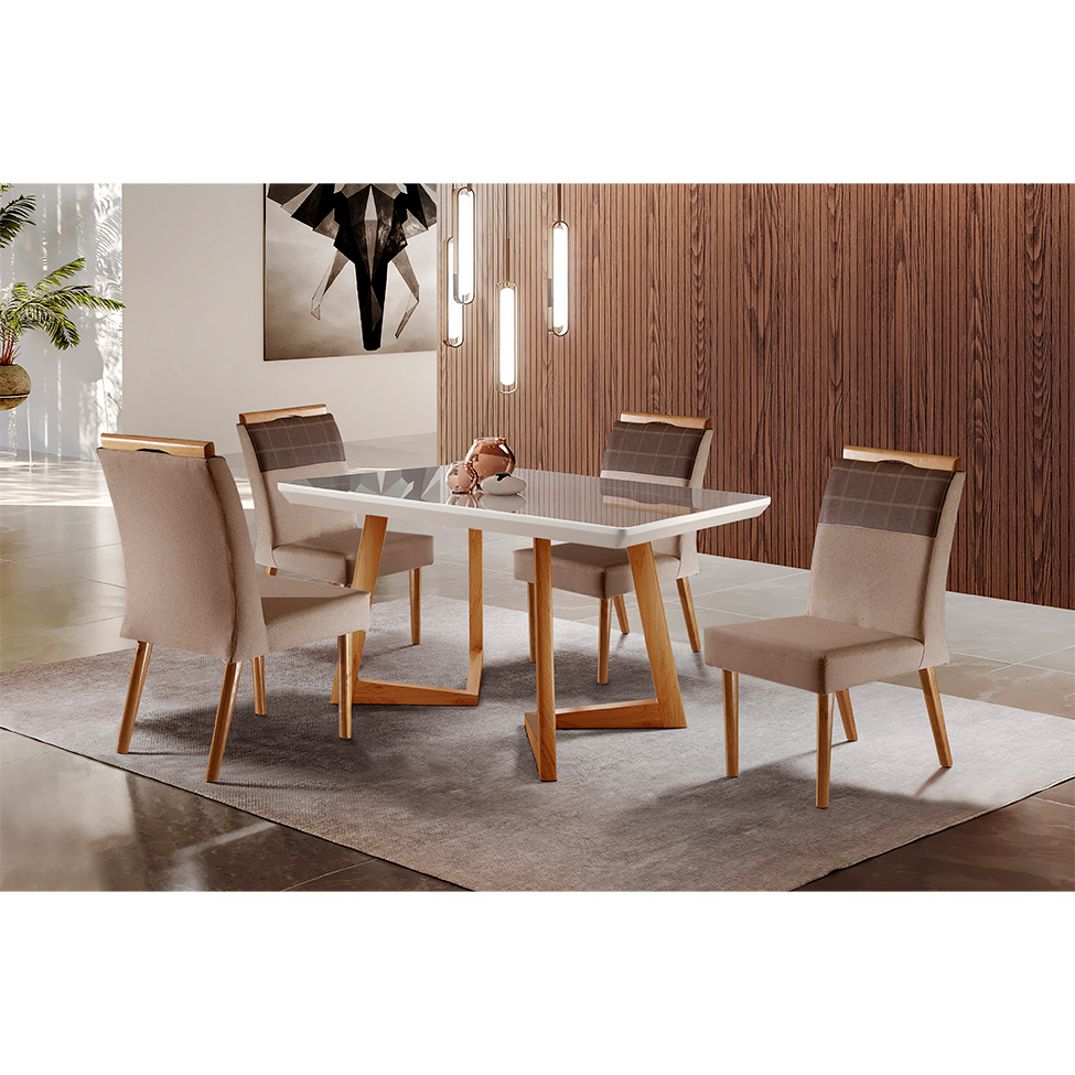 Conjunto de Mesa de Jantar Retangular com Tampo de Vidro e 4 Cadeiras Maya Linho Marrom