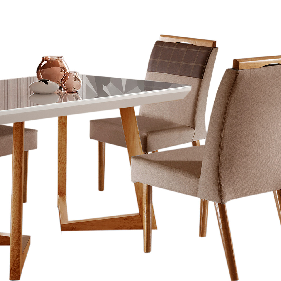Conjunto de Mesa de Jantar Retangular com Tampo de Vidro e 4 Cadeiras Maya Linho Marrom
