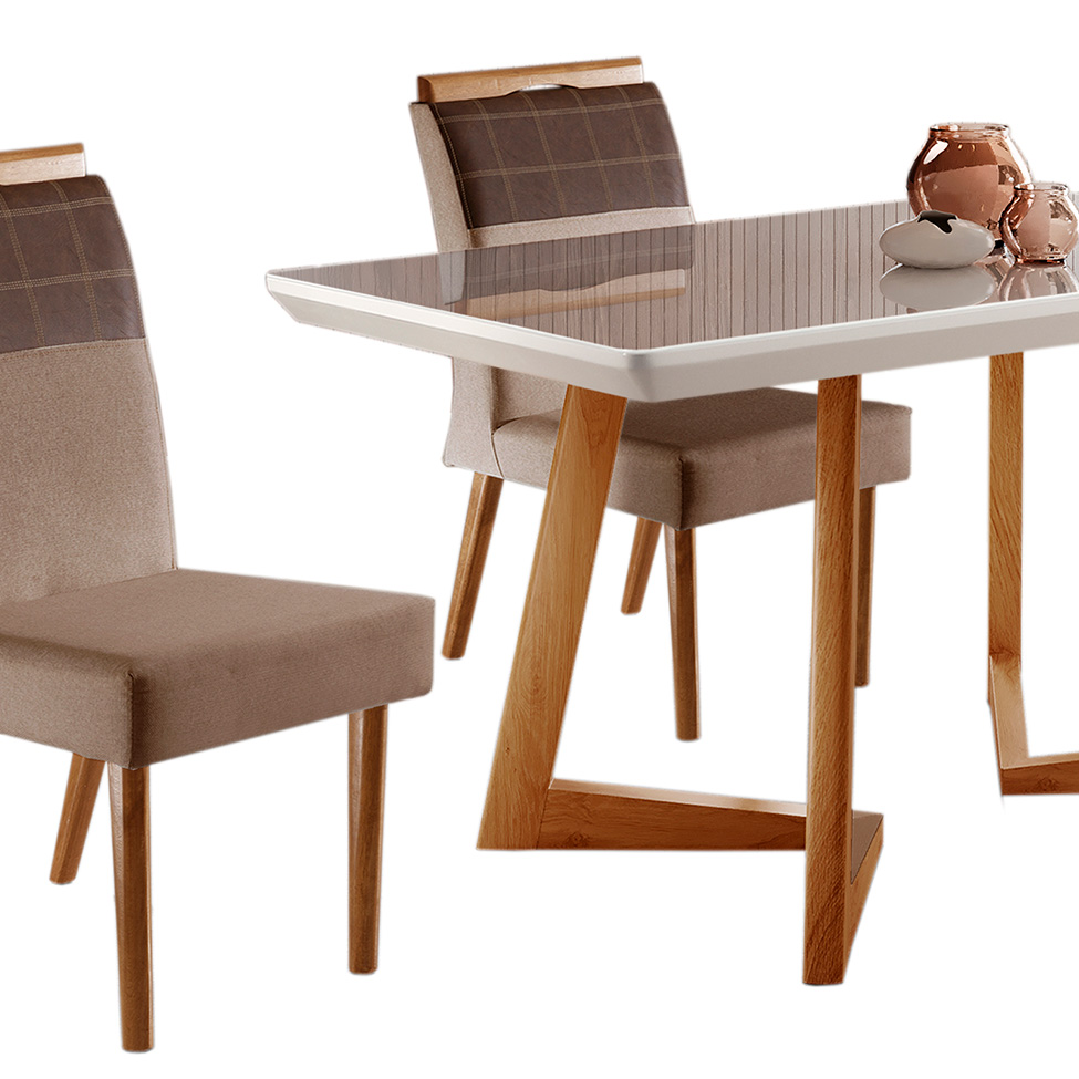 Conjunto de Mesa de Jantar Retangular com Tampo de Vidro e 4 Cadeiras Maya Linho Marrom