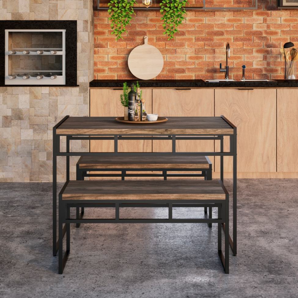 Conjunto de Mesa de Jantar com 2 Bancos Wooden Carvalho Dark e Preto