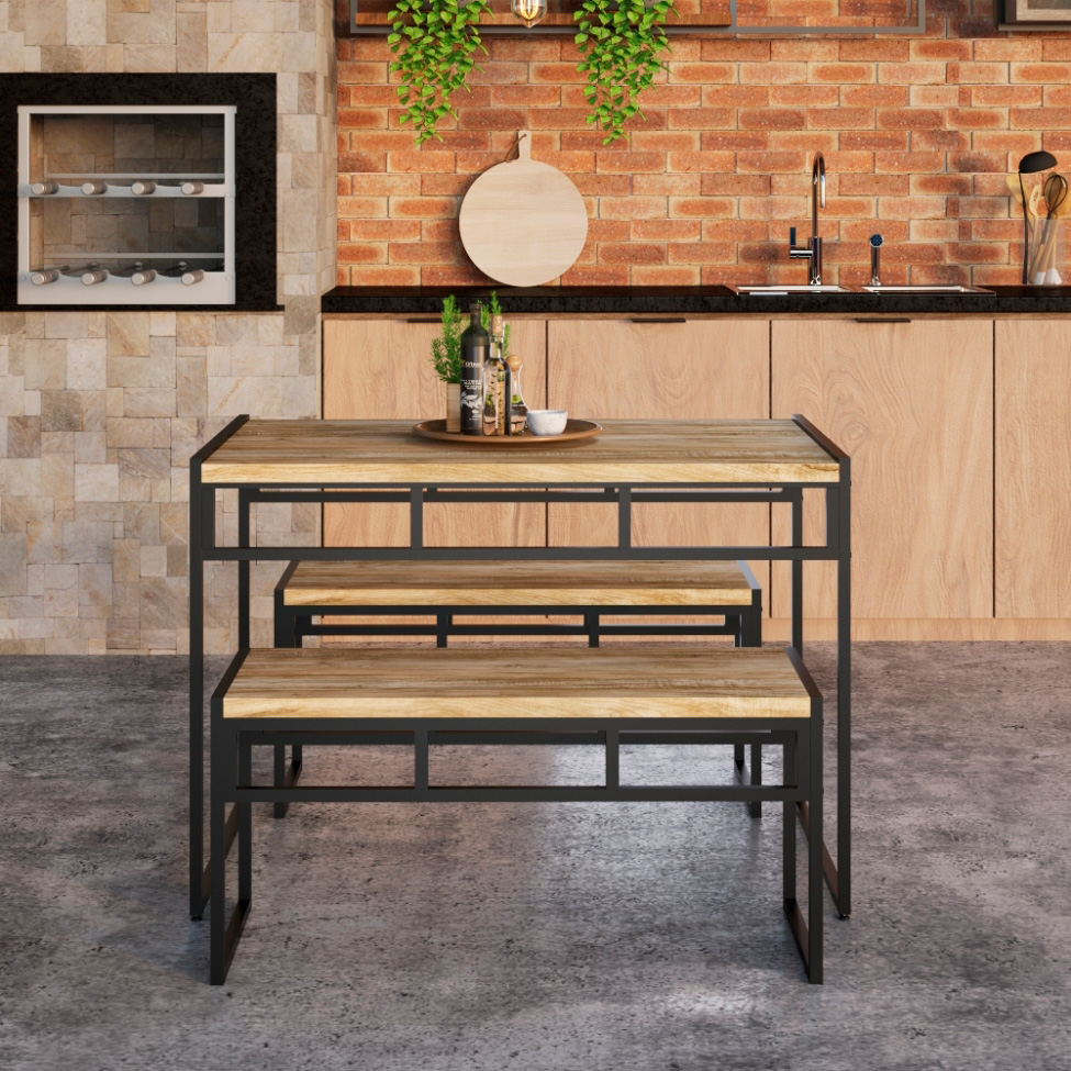 Conjunto de Mesa de Jantar com 2 Bancos Wooden Carvalho e Preto