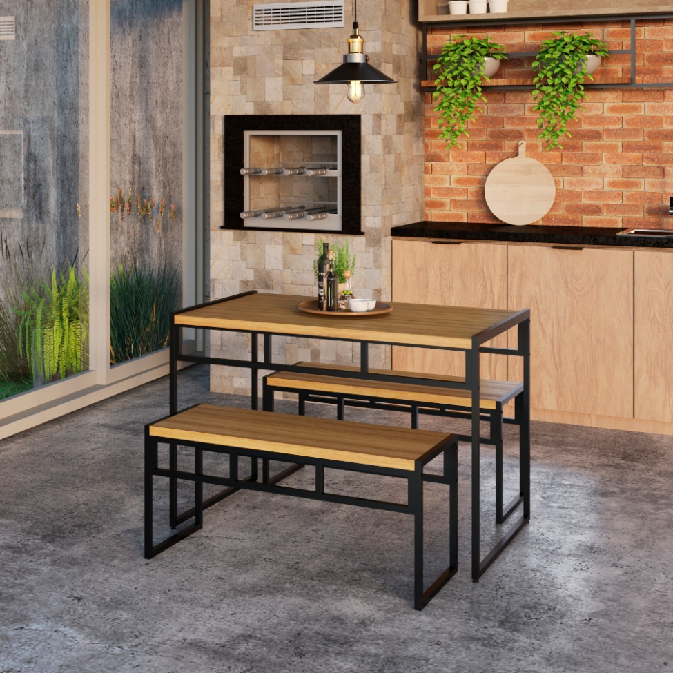 Conjunto de Mesa de Jantar com 2 Bancos Wooden Mel e Preto