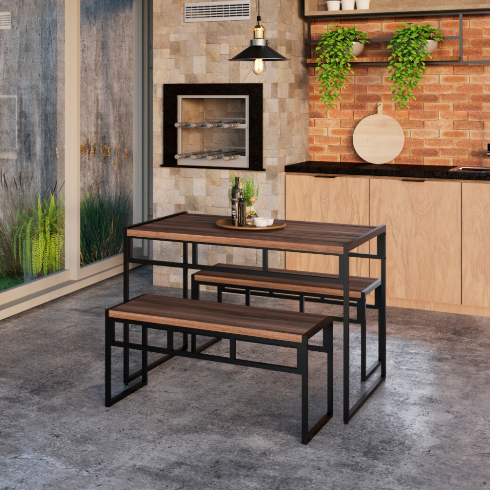 Conjunto de Mesa de Jantar com 2 Bancos Wooden Nogal e Preto