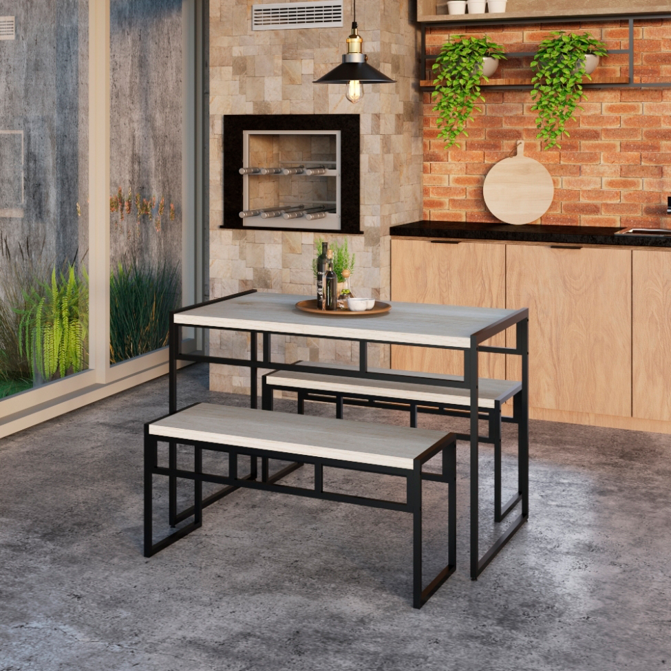 Conjunto de Mesa de Jantar com 2 Bancos Wooden Snow e Preto