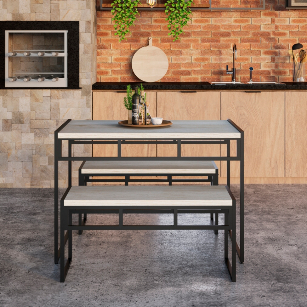 Conjunto de Mesa de Jantar com 2 Bancos Wooden Snow e Preto