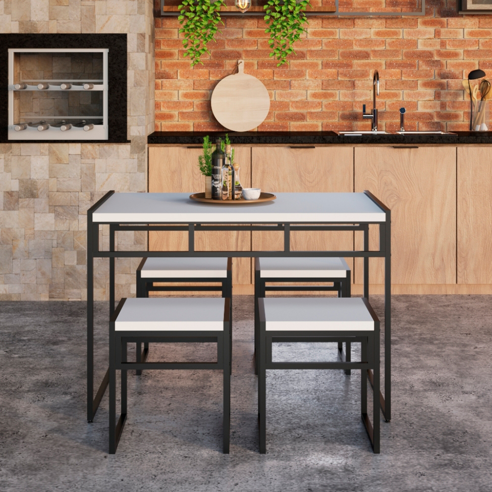 Conjunto de Mesa de Jantar com 4 Bancos Wooden Branco e Preto